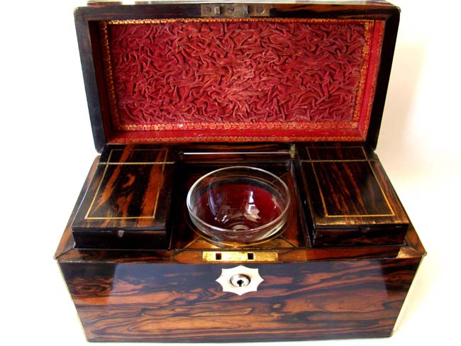 A beautiful antique brass mounted coromandel wood tea caddy box with its' original interior circa 1825